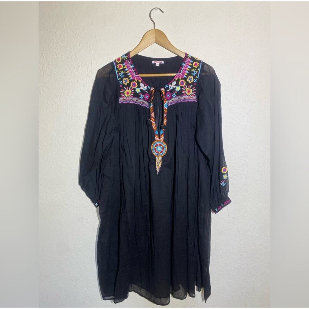 Johnny Was Black Embroidered Long Sleeve Thin Dress‎ ( One Size )